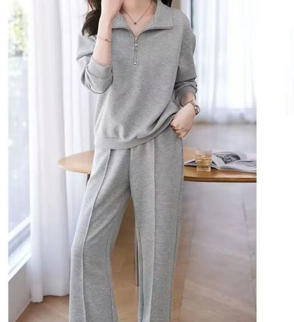 오스틱니 100kg까지 빅사이즈 2026 여성용 가을 단색 캐주얼 트레이닝복 세트 칼라넥 긴팔 상의+ 밴딩 허리 긴 바지