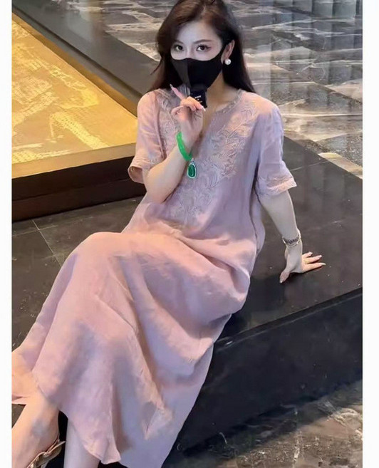 棉麻重工刺繡連衣裙 女 寬鬆氣質新中式長裙, 藕色