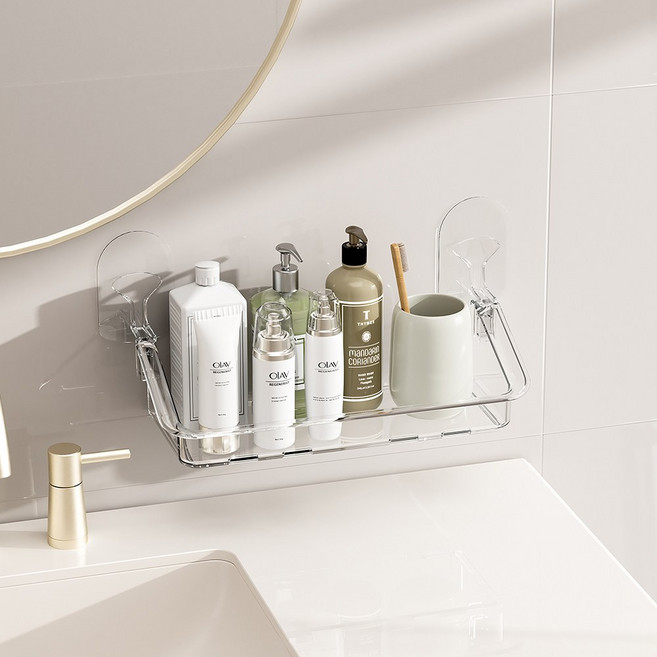 욕실 이중 무자국스티커 부착식 무타공 정리선반 수납선반, 1개, 투명