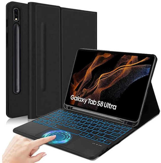 갤럭시 탭 S10 울트라 / S9 S8 울트라용 QYIID 백라이트 터치패드 키보드 케이스 S 펜 홀더가 있는 가죽 스탠드 커버 및 14 6인치 7가지 색상 키보드 블랙, 갤럭시 탭 S10 울트라S9 울트라S8 울트라용 백라이