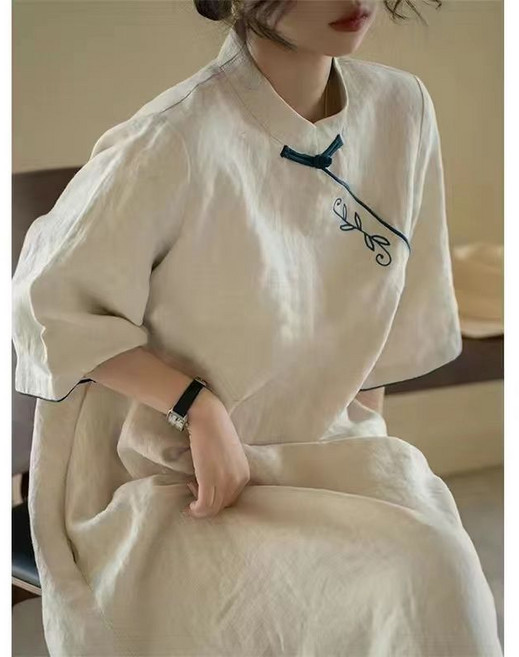 Hengcang 여름 순면/린넨 혼방 빈티지 자수 디자인 뉴차이나 스타일 드레스 (미니 칼라 치파오 드레스+데일리&여행용