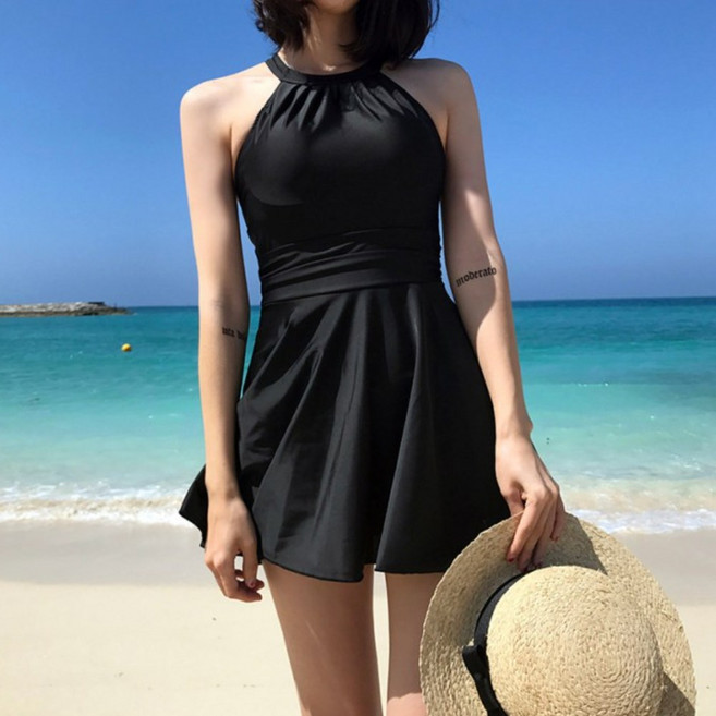 베르슈어 홀터넥 백크로스 모노키니 수영복, 블랙