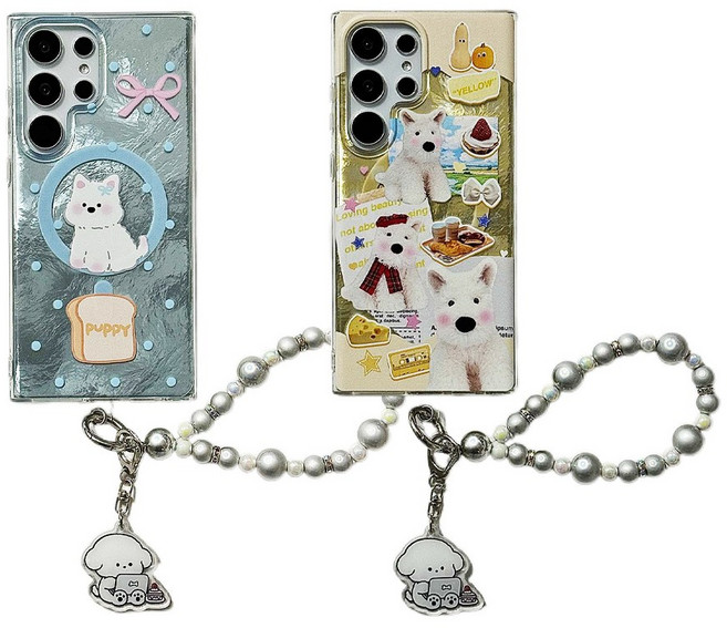 삼성 갤럭시 S25 S24 S23 S22 울트라 플러스 강아지 캐릭터 패턴 스트랩 맥세이프 호환 실리콘 케이스