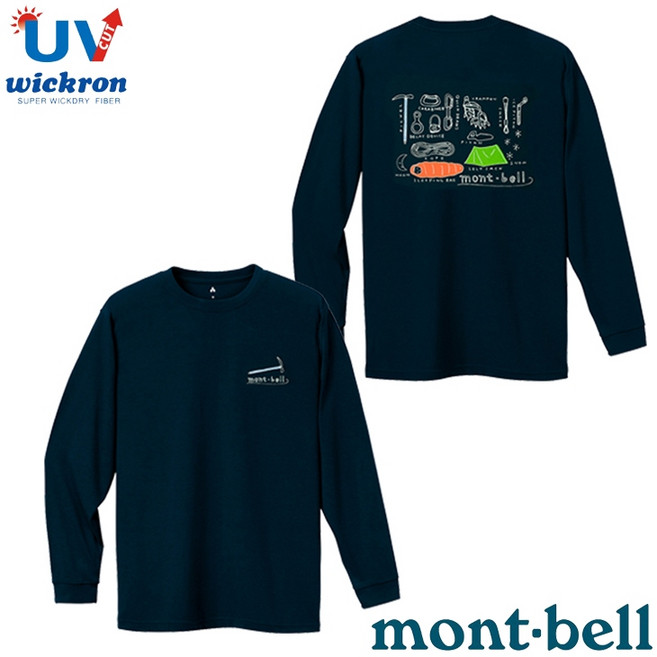 mont-bell Wickron 中性款 登山裝備圖案 長袖排汗衣 抗UV 海軍藍 L
