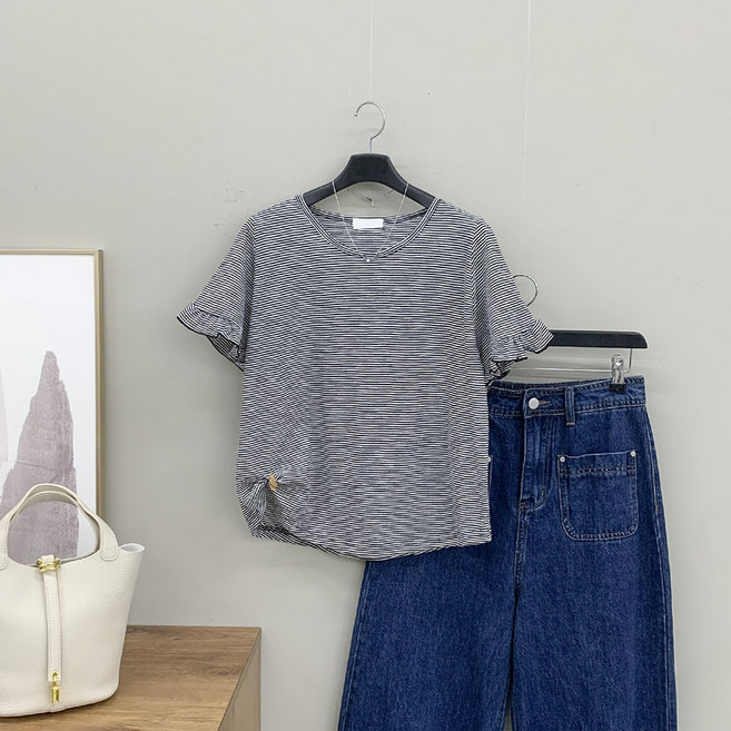 [행복여] 써니 프릴 소매 스트라이프 반팔 티셔츠