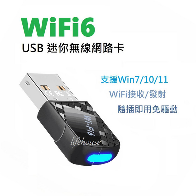 WiFi6 USB 迷你無線網路卡 支援Win7/10/11 WiFi接收/發射 隨插即用 免驅動 900Mbps, 1個