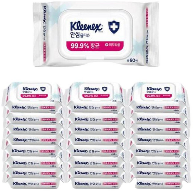 크리넥스 안심 물티슈 캡형 60매 x 24팩, 60매입, 24박스