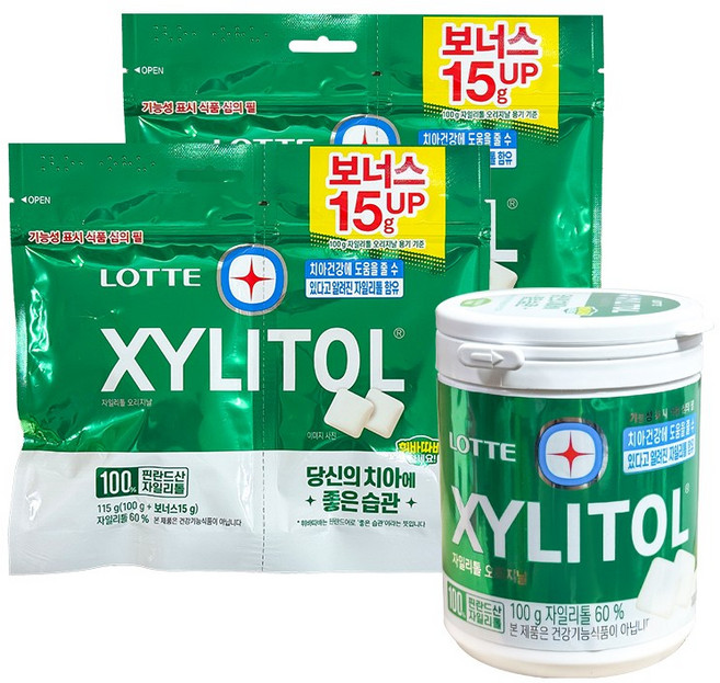 롯데제과 자일리톨 껌 오리지널 용기1개100g+리필2개115g, 1세트, 없음, 330g