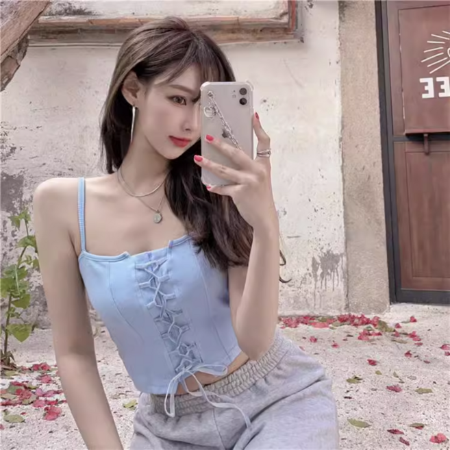 여성 오프숄더 섹시 골지 니트티 민소매 발레코어 셔링 스트랩 티셔츠 끈 나시 탑