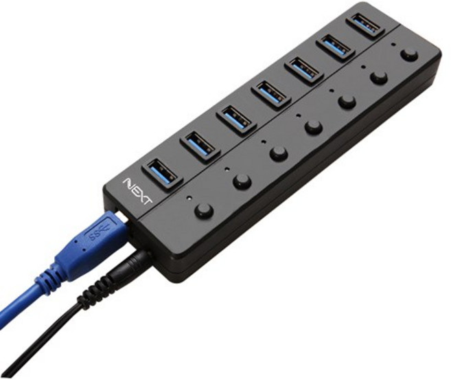 넥스트유 USB3.0 허브 7포트 유전원 개별스위치, 블랙