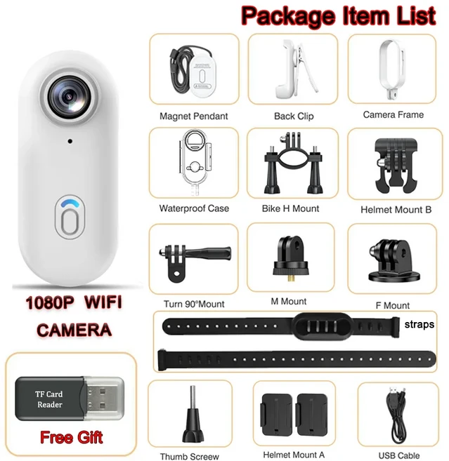 4K 미니 WIFI 엄지손가락 POV 휴대용 액션 카메라 비디오 레코더 IPX7 방수 헬멧 마운트 블랙 화이트, 02 With 128G TF Card, 02 FHD 1080P (F-BK)