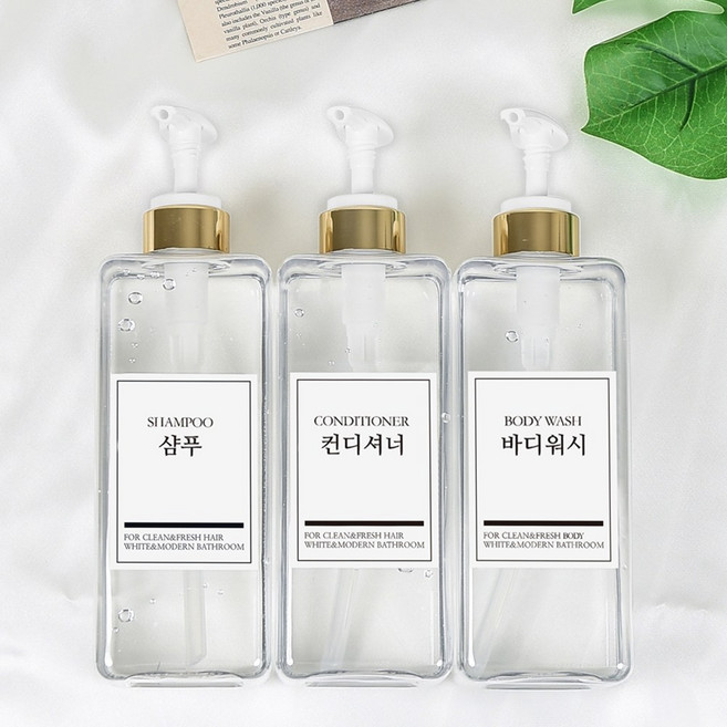 모든집 호텔 욕실 디스펜서 샴푸통 800ml+방수라벨 3구 세트, 1세트, 욕실세트_800ml(투명용기+골드펌프+한글3종)