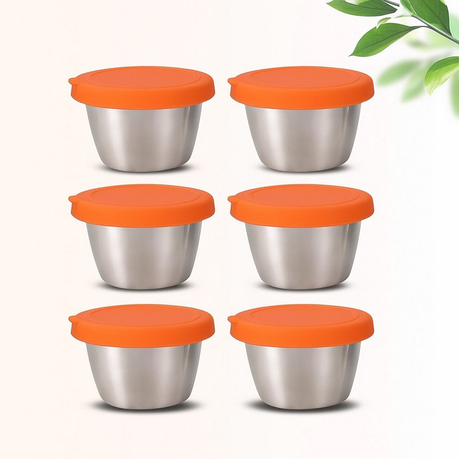엘리펀트 304 스테인리스 소스컵 6P 세트 70ml - 단색 실리콘뚜껑 포함 넉넉한 용량의 양념 드레싱 소스 보관용기, 오렌지 (선셋오렌지), 6개
