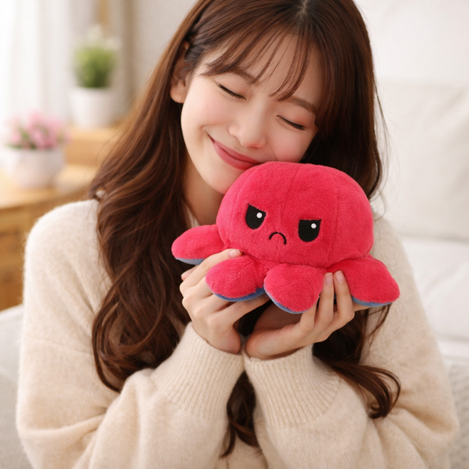 사이드비 기분에 따른 양면 리버시블 표정 컬러 문어 인형, 그레이아이보리