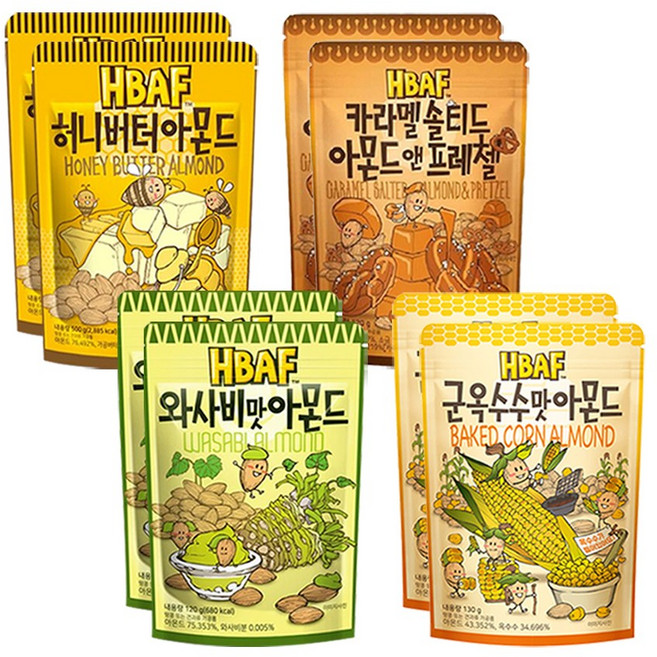 바프 아몬드 4종 세트 허니버터+카라멜+와사비+군옥수수, 2세트, 40g