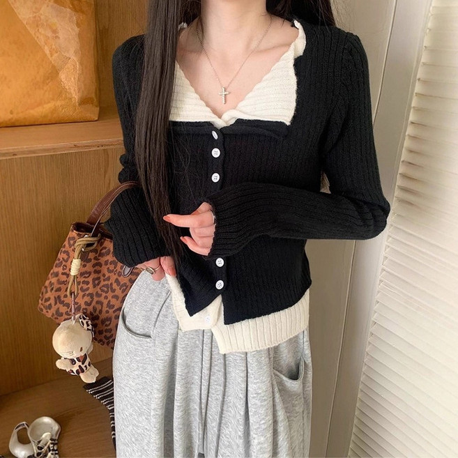 핀디걸 여성 배색 투톤 긴팔 니트가디건 A-27