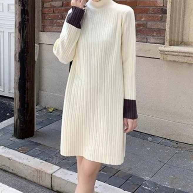 아이엠몽 여성 반폴라 배색 골지 니트 원피스