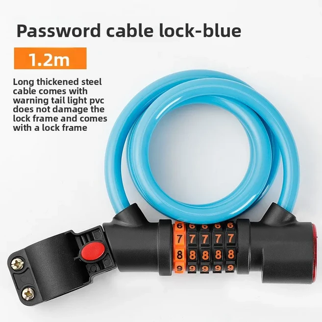자전거용 높은 보안 잠금 콤비네이션 장치 테일 라이트 포함 헤비 듀티 도난 방지 케이블 5 자리, 02  Blue, 1개