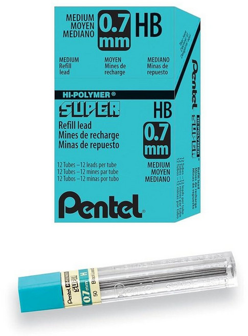 펜텔 Pentel 수퍼 하이폴리머 리필 샤프심 0.7mm 미디엄 2B 샤프심 144개입 50-2B 그레이 151438, 12 Count (Pack of 1), H 리드