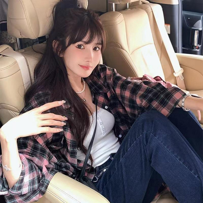減齡氣質 寬鬆格子襯衫外套 韓版時尚開衫