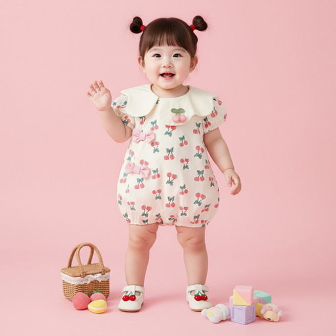 몽실이 체리장식 우주복 아기 리본 반팔 둥근 카라 바디슈트