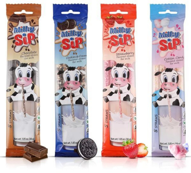 Milky Sip 사탕 캔디 밀키 십 맛이 나는 빨대 20개 우유 맛 향료 4팩 각각 5개씩 초콜릿 딸기 솜사탕 쿠키 앤 크림. 마법 맛으로 아이들이 우유를 더 좋아하고 즐기게, 초콜릿/딸기/솜사탕/쿠키 앤 크림, 4팩 각각 5개 빨대