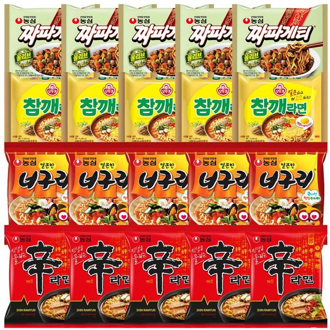 참깨세트 인기봉지라면 4종 20개입 (짜파게티5 참깨라면5 너구리5 신라면5) 라면스프 1세트