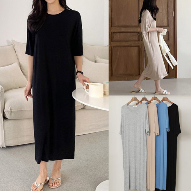 여성 오버핏 스판 라운드 반팔 원피스 레이온 베이직 무지 롱 ops