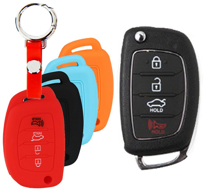 바이디지탈 현대 호환 YF 소나타 싼타페 DM 투싼 IX 그랜져 HG 아반떼 4버튼 스마트키 / 실리콘 차 키홀더+후크 키링 세트, 실리콘 차키케이스+링후크, 블랙, 블랙