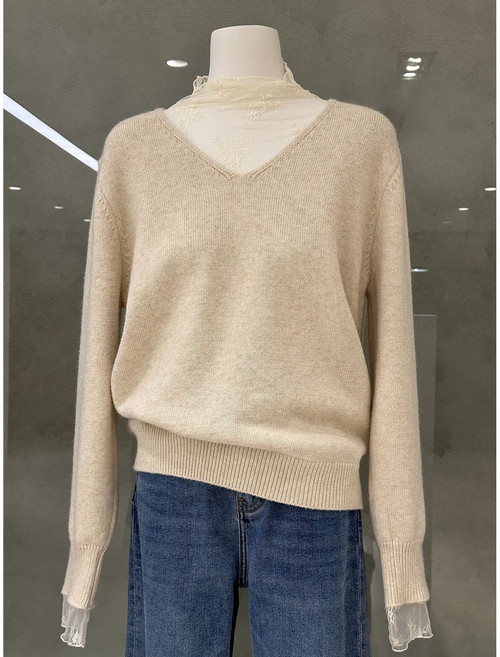 SONOVA 레이스 반하이넥 레이어드 일체형 브이넥 니트