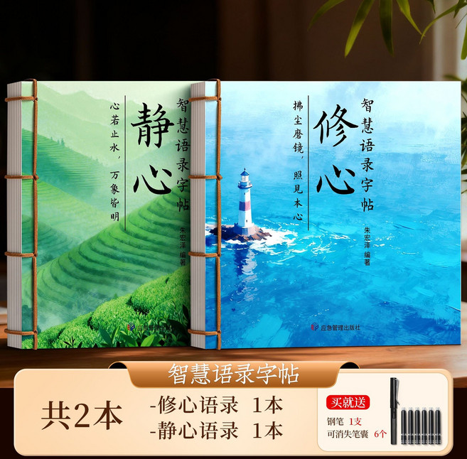 智慧語錄女士靜心練字帖行楷字帖成人練字女生字體漂亮行書修心貼, 1個裝, 【靜心+修心2本】送1鋼筆+6可消失墨囊:如圖