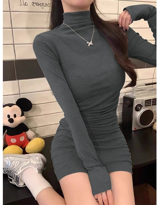 梨卡 女裝 半高領長袖修身包臀連衣裙 純欲風內搭短裙 深灰/黑色
