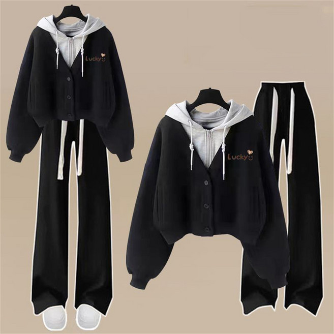 여성트레이닝복세트 여성투피스 일체형 기모 후드자켓 + 트레이닝바지 캐주얼 와이드팬츠 + 루즈핏 후드집업 점퍼 ZFY6636 60/70