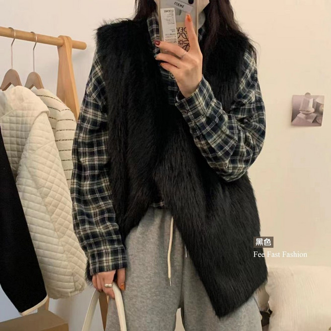 Fee V領開襟毛毛背心 韓系美拉德風 秋季時尚百搭女裝