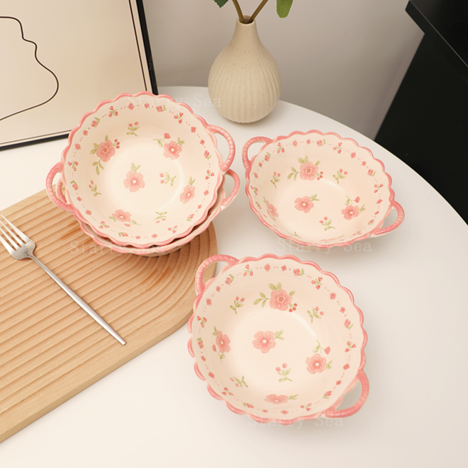 Starry Sea 이쁜 분홍색 꽃 양손 스프볼 4인그릇세트 식기세척기, 4개