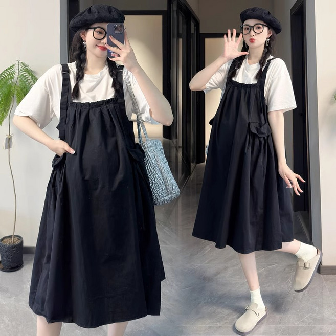 大碼孕婦裝夏季連衣裙新款2026洋氣時髦寬鬆遮肚顯瘦揹帶裙子套裝