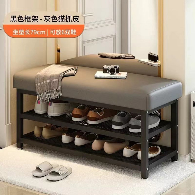 輕奢軟包換鞋凳 橘色貓抓皮 119cm長 可坐式鞋架, 1個, 灰色 貓抓皮 79 x 30 x 49cm