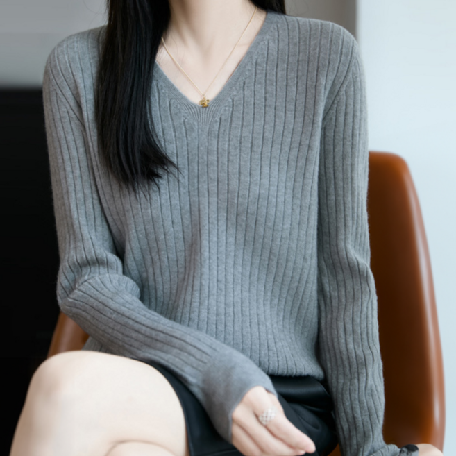 하바우 여성 루즈핏 베이직 골지 브이넥 니트 긴팔티 1P