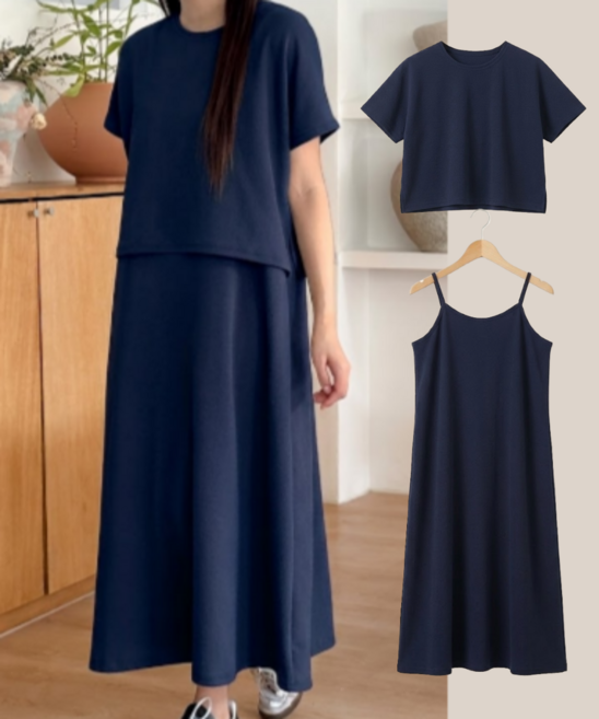 LIONHU [국내제작] 여리핏 뷔스티에 끈나시 롱 원피스 + 세미 크롭 티셔츠 세트