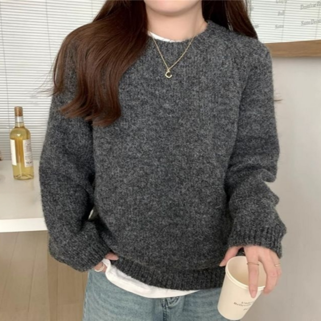 도도미아 라운드 여성 니트 스웨터 긴팔 니트티