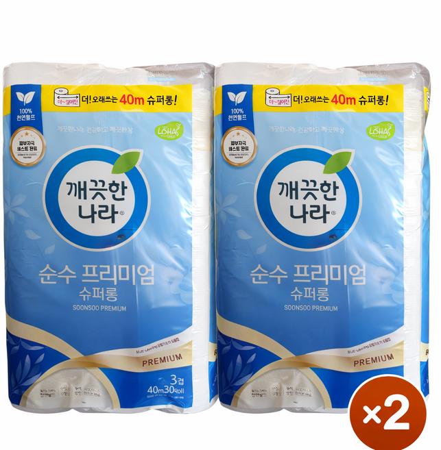 깨끗한나라 순수 프리미엄 슈퍼롱 40m x 30롤 x 2팩, 2개