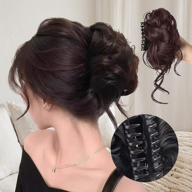 여성 똥머리 가발 집게핀 꽃봉오리 볼륨업 헤어피스 부분가발, 1개, 다크브라운