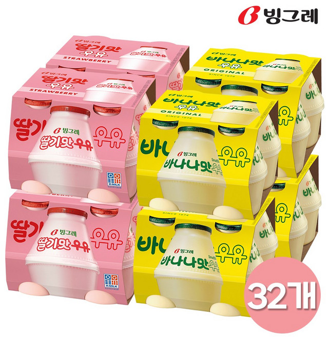 빙그레 바나나맛우유16 딸기맛우유16, 240ml, 32개