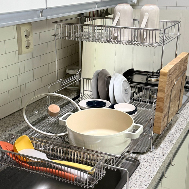 더잉 올스텐 304 확장형 식기건조대 2단 자동물빠짐 그릇 건조대 트레이(올인원 풀세트), 1개, 실버