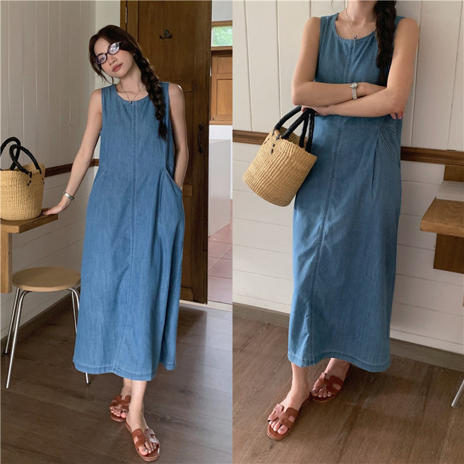 오르네트 여성 데님 심플 민소매 청 롱원피스 뒤트임