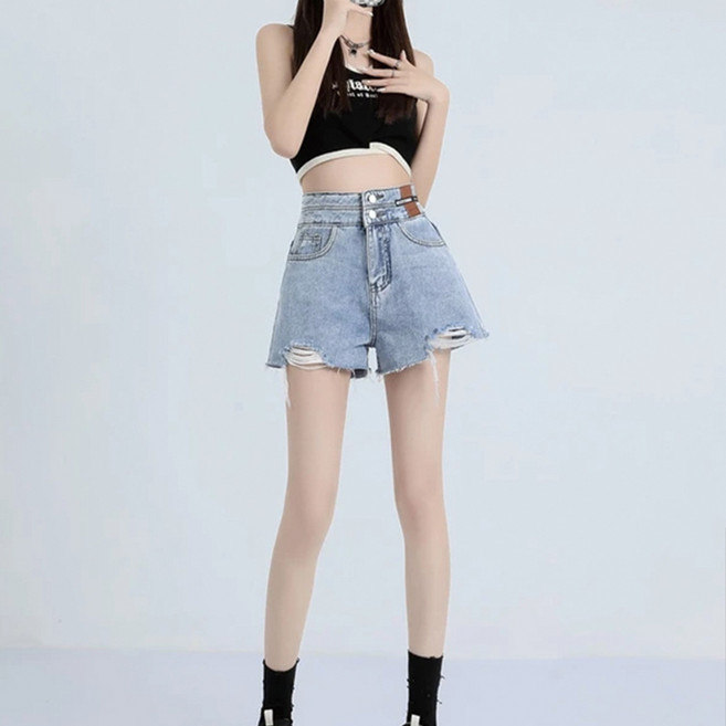 KDNC 여성 데님 쇼츠 A라인 하이웨이스트 슬림핏 여름 핫팬츠