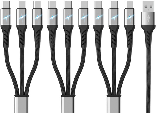 아이엠듀 멀티 3in1 USB to C타입 고속충전 케이블 LED 플렉시블, 120cm, 블랙, 3개