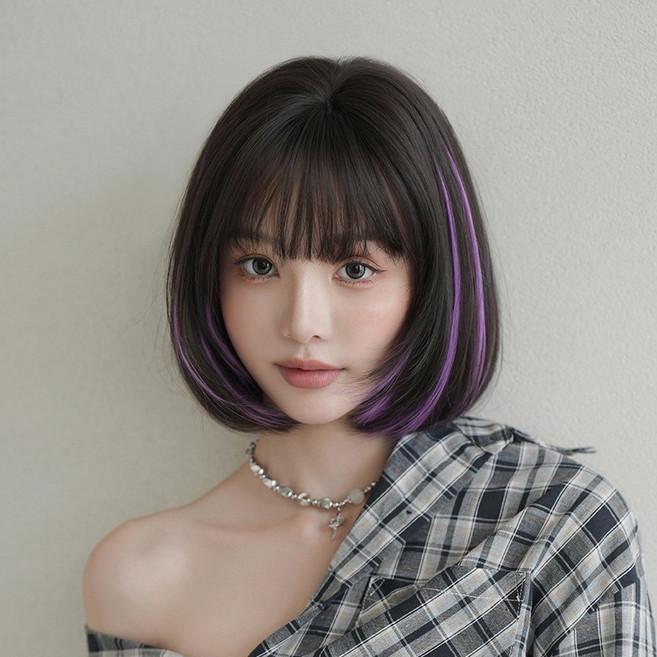 女生短髮黑色挑染紫 線條染自然假髮, 1個, 假髮