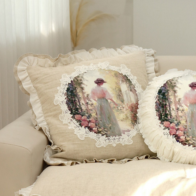 프로방스 린넨 프릴 고급 쇼파 거실 사각 쿠션 방석, 베이지