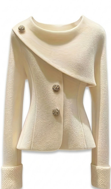 재킷 여성 우아한 비대칭 칼라 비쥬 버튼 깨끗한 허리 모양 착용 품위 아우터 정장 결혼식 파티 전화 통근 봄 가을 겨울